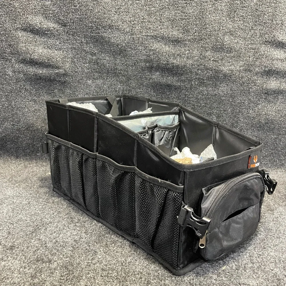 FOXBOX Black Trunk Organizer Cargo Collapsible Mesh Pockets Travel Storage Bag